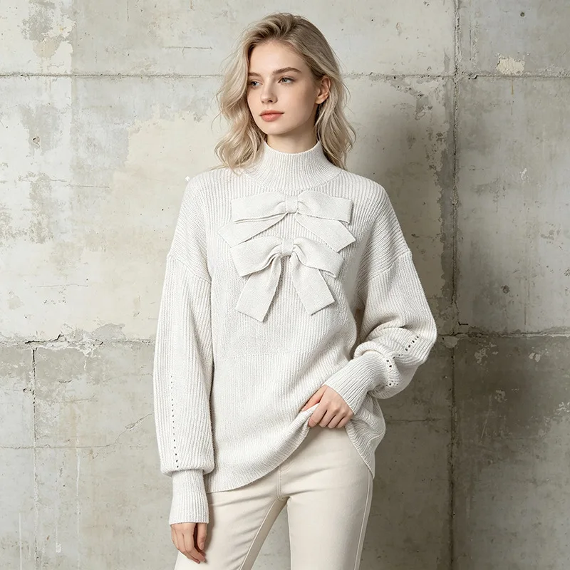 ZAMOR HIGH STREET Korean Sweet Top 2026 New 3D Bow Patch Loose Slimming Solid Color Knitted Sweater Women