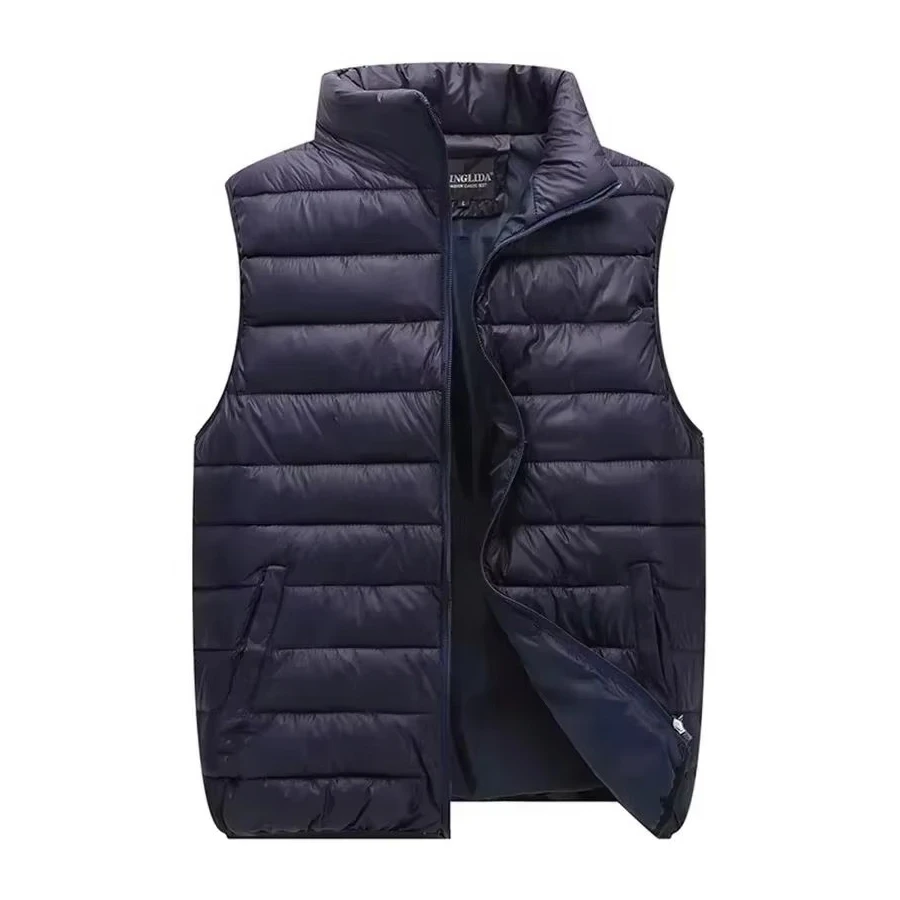 Men's Warm Sleeveless Jacket Autumn Winter Ultra Light Cotton Padded Vest Casual Stand Collar Zip Up Solid Waistcoat Top