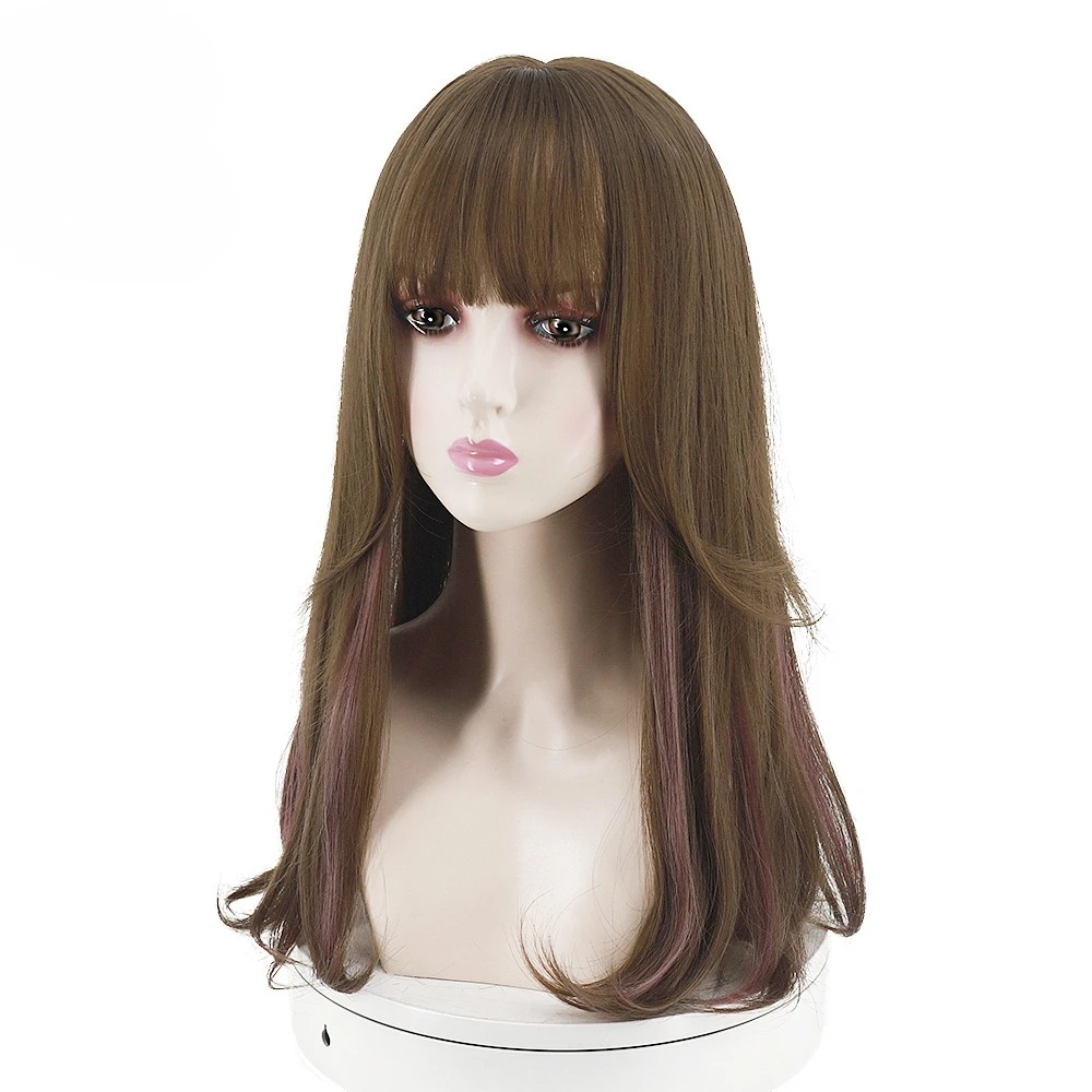 

Wig female long hair, highlights, thin rattan curls, full head cover, natural shoulder length, air bangs, inner buckle, wig head