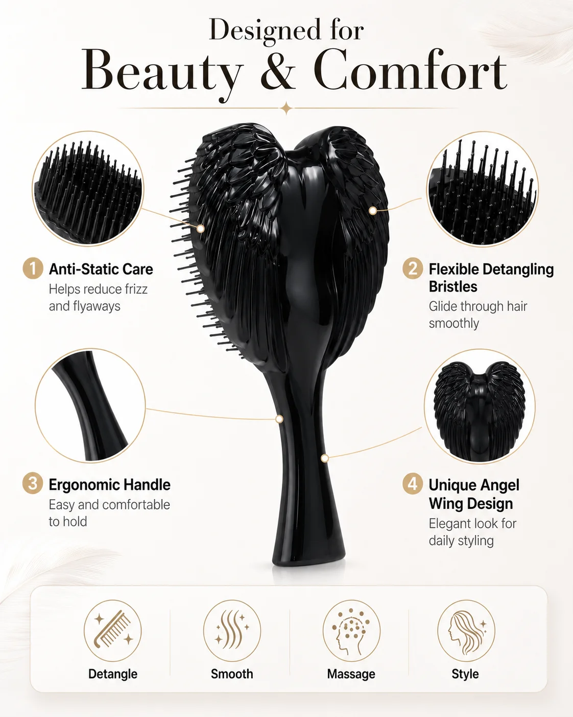 Fashion Angel Wings Anti-static Hair Comb Portable Scalp Massage Hairdressing Comb for Women Daily Hair Styling - view 4