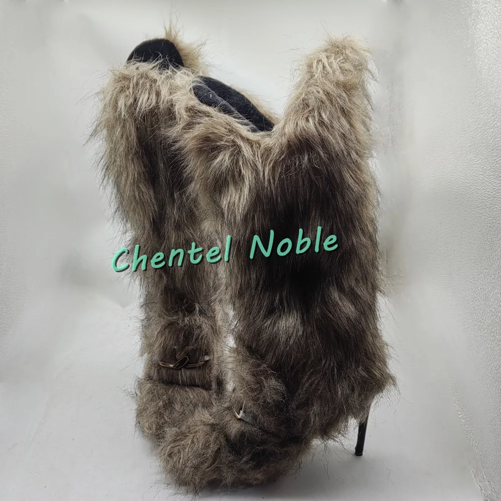 Fur Buckle Details Knee-high Boots Women Sandals Thin High Boots Women Stilettos Pull-on Pointed Toe New Arrivals 2025 Winter