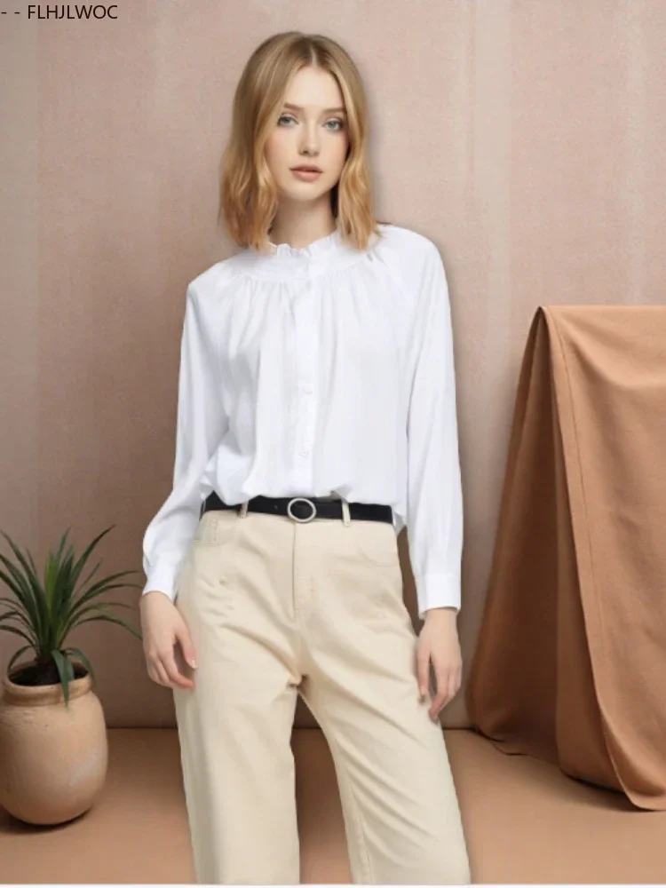 

White Button Shirts New Design 2025 Cute Sweet Girls Woman Spring Summer Long Spring Ruffles Cotton Blends Tops