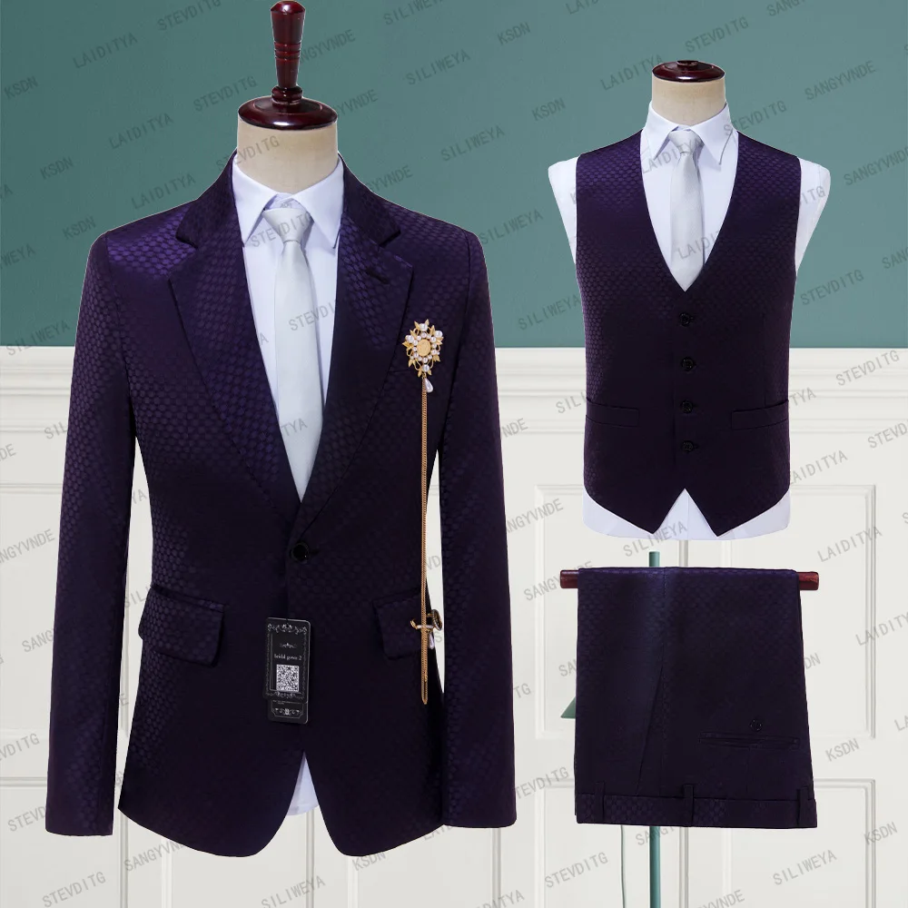 

2023 New Dark Purple Jacquard Polka Dots Suit Men Business British Style Wedding Dress Slim Fit Jacket Vest Pants 3 Piece Set