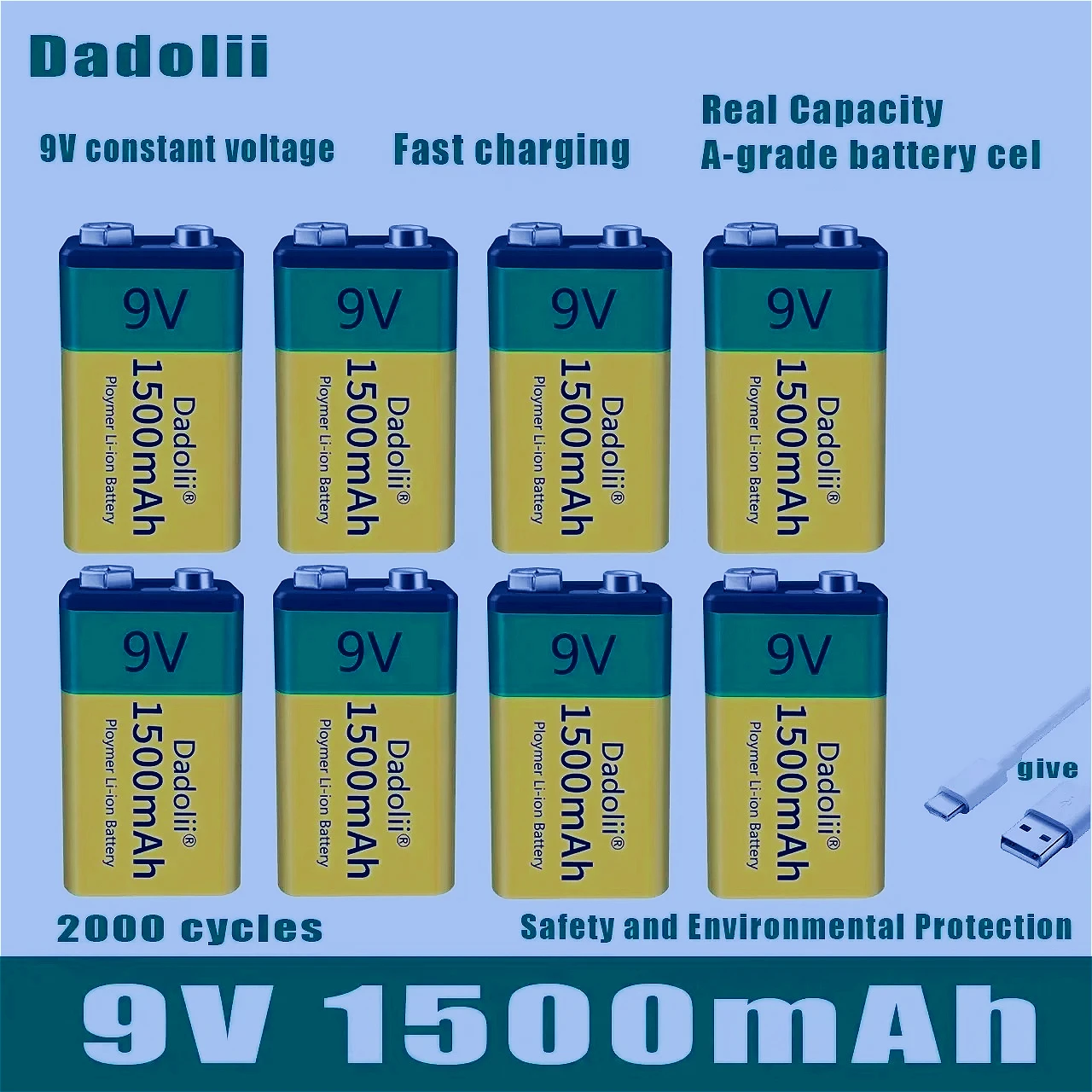 

Литий-ионный USB-аккумулятор большой емкости 9 В, 1500 мАч для мультиметра, микрофона, игрушки, пульта дистанционного управления, КТВ, используйте заводскую поставку 2025 года