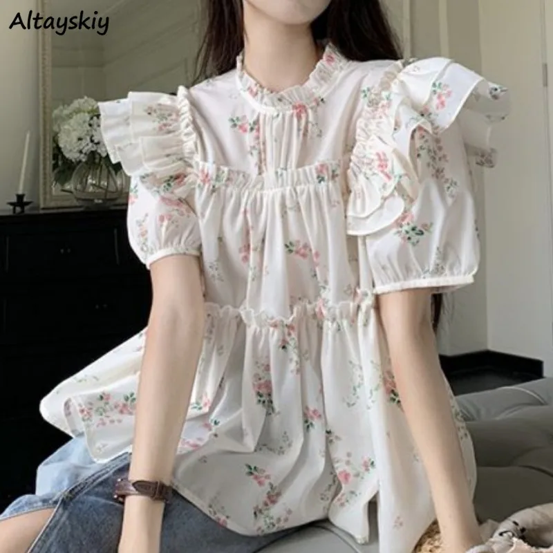 

Floral Blouses for Women Summer Puff Sleeve New Trendy Thin Sweet Girls Tops Ins Loose Korean Style Prevalent Shirring Students