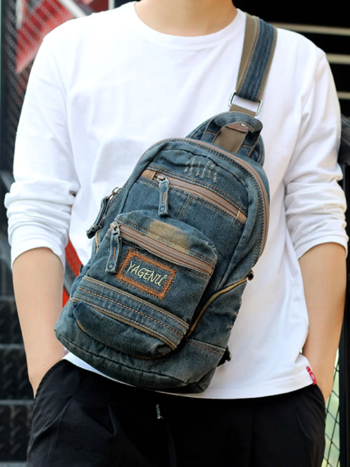 Retro Denim Crossbody Bag for Men Large Capacity Casual Front Chest Bag Single Shoulder Sling Bag Trendy Korean Style
