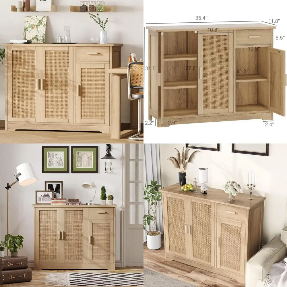 

Rattan Sideboard Cabinet with Storage and Drawers for Kitchen and Buffet Use