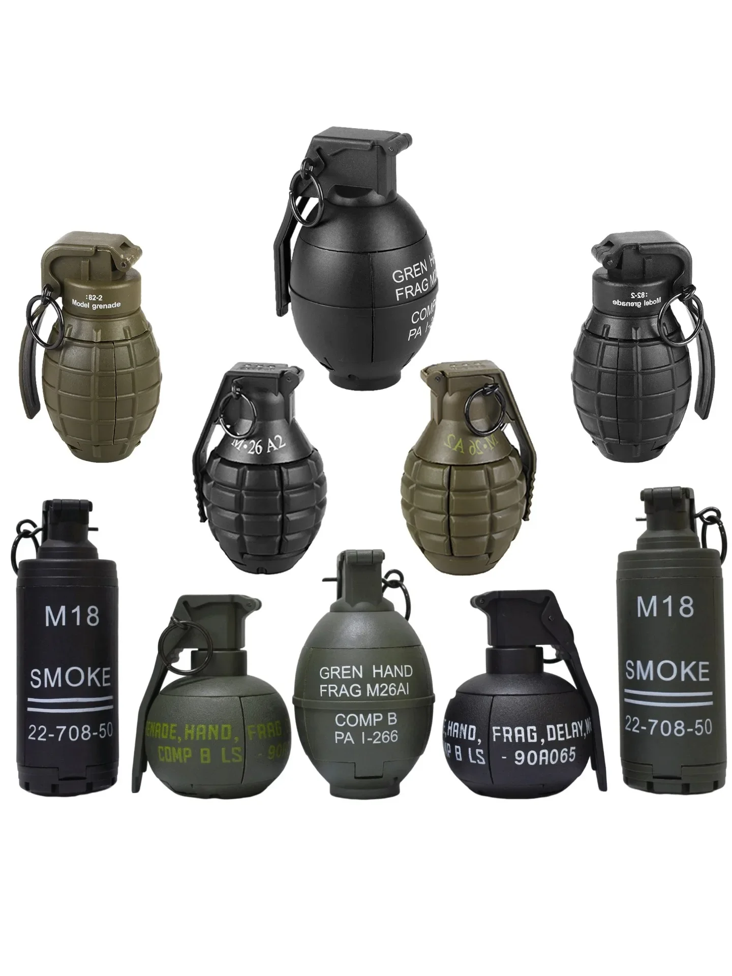 Taktyczna granata dymna model M67, granata wybuchowa, granata wodna, granata dymna odbijająca się od powierzchni i inne 10 różnych modeli granatów airsoftowych. — 2