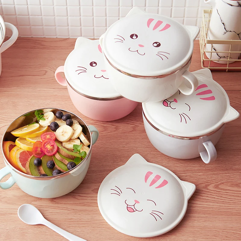 Cute Cat Stainless Steel Mixing Bowls with Lids,Dual Handle,Heat Preservation Instant Noodle Bowl Round Rice Soup Bowl bol ramen