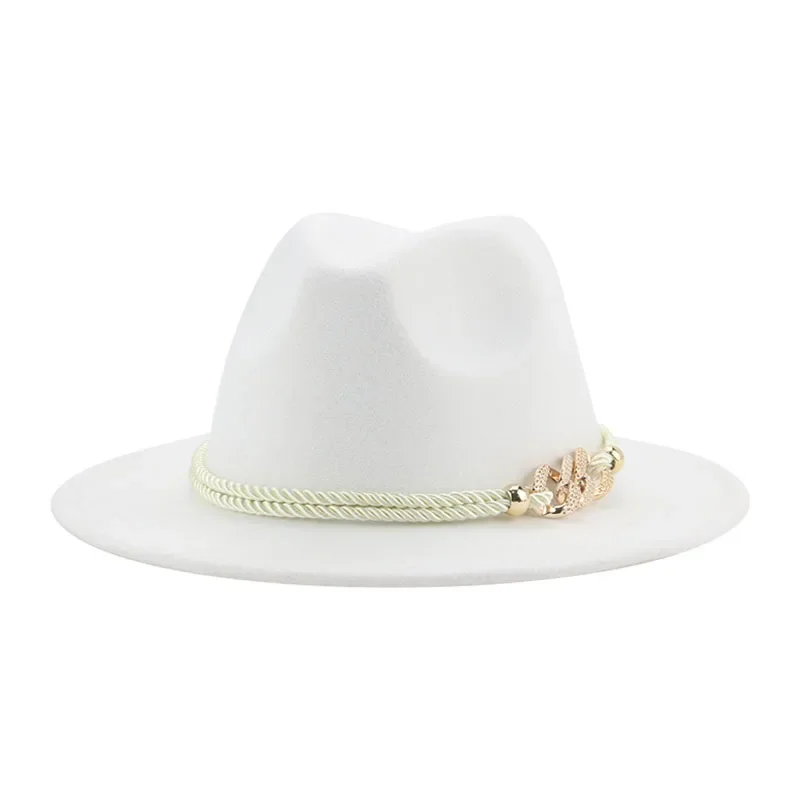 Sombrero Fedora Para hombre y mujer, ala ancha, cinturón de cadena Blanco Camel sólido, Gorras de Jazz, sombrero de boda de Hip Hop, Pamelas Y Tocados Para Bodas