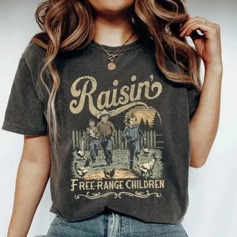 Retro Raising Free Range Children 90s Western  T shirt Vintage De