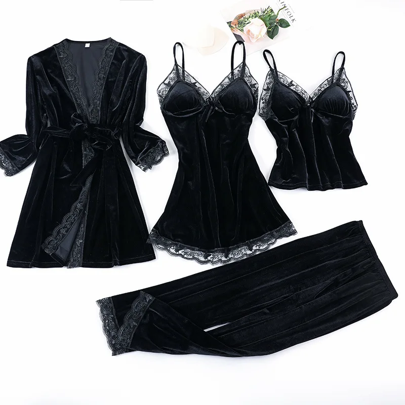 

2022 Black Lace Gold Velvet 4 Pieces Women Warm Winter Pajamas Sets With Pants Sexy Robe Pajamas Sleepwear Sleeveless Nightwear