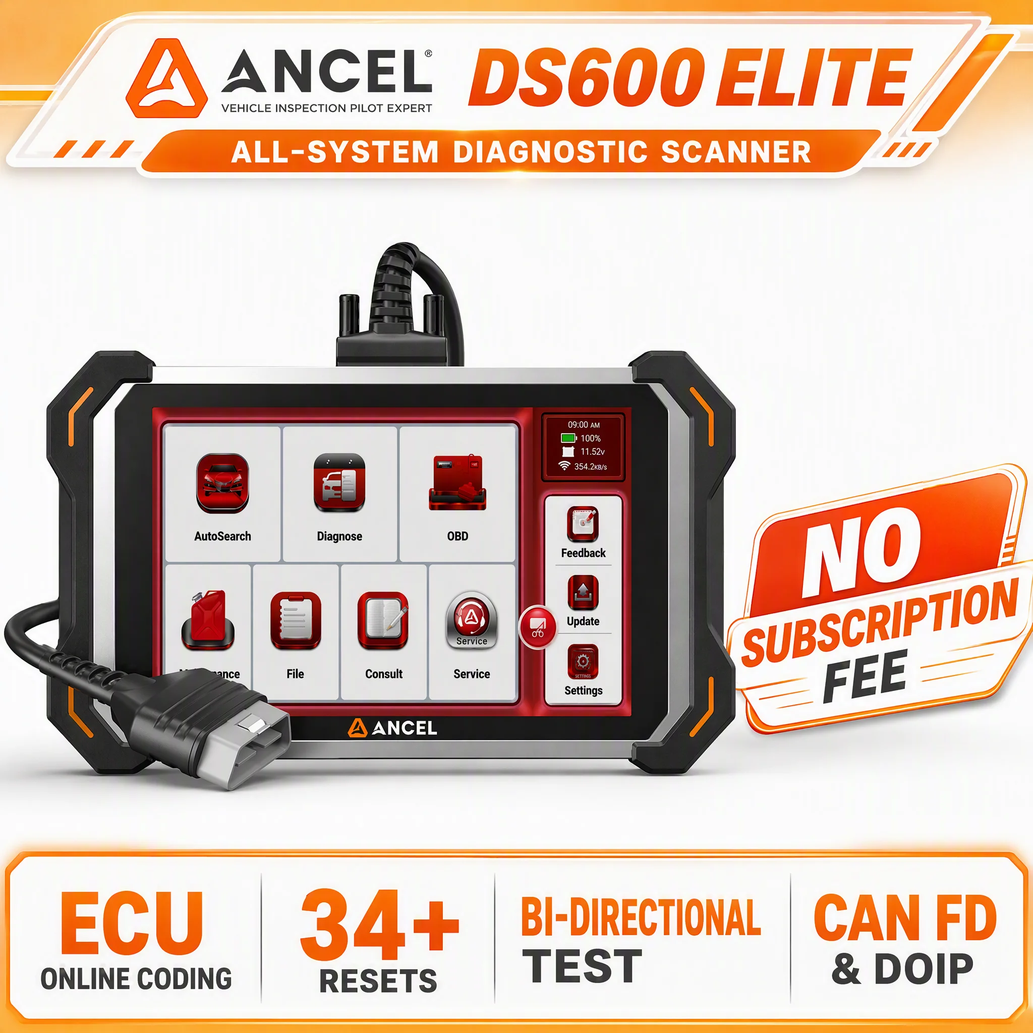Bidirectional ECU Coding Car Scanner ANCEL DS600 Elite All System 34+ Reset CANFD DOIP Lifetime Free Update OBD2 Diagnostic Tool