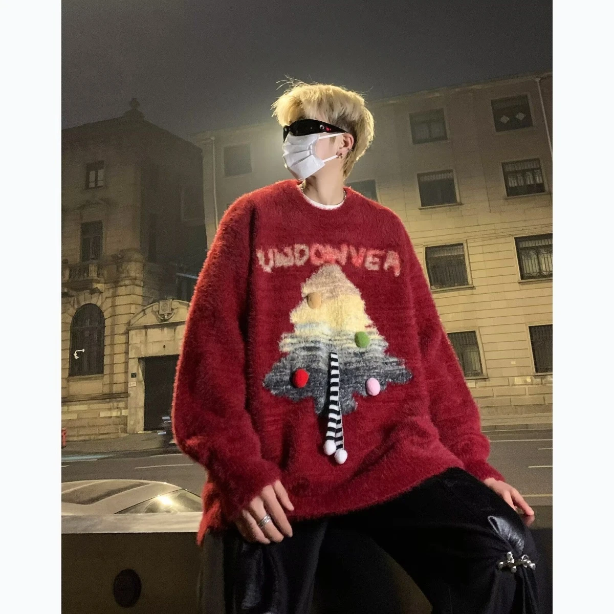 Pull à capuche tricoté ample rouge, haut décontracté pour nouvel an, pour hommes et femmes, fermeture à bande magique, Fiber de Polyester douce