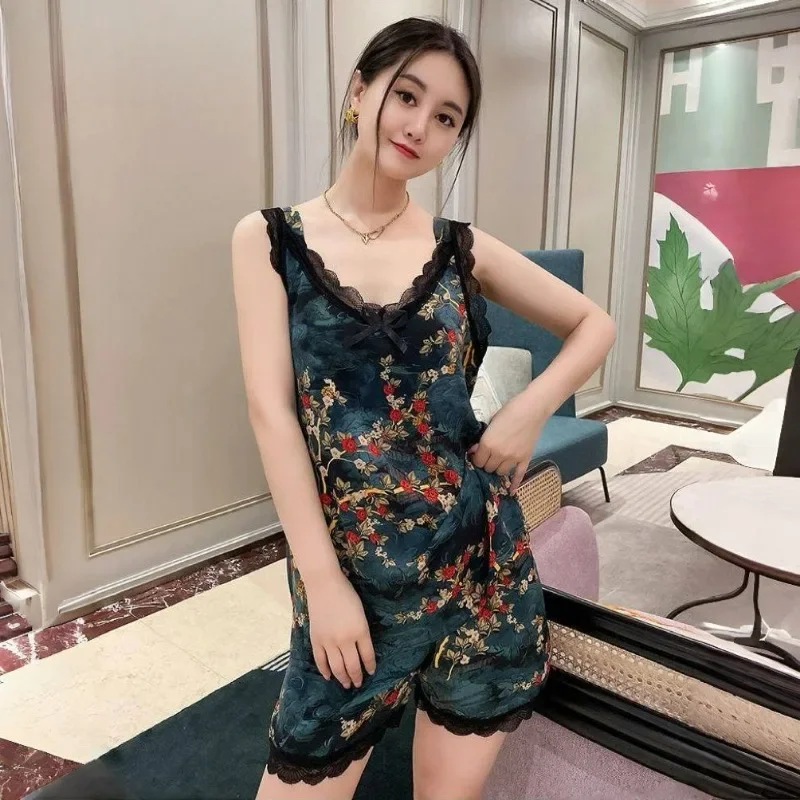 New Style Printing Suspenders Shorts Set Fashion Juvenility Thin Large Size Loungewear Comfort in Vogue Pajamas Ms. Summertime