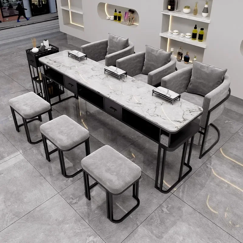 Marble Black Nail Art Table Chair Set Fashion Simple Nail Shop Furniture with Single Double Three Combination Options