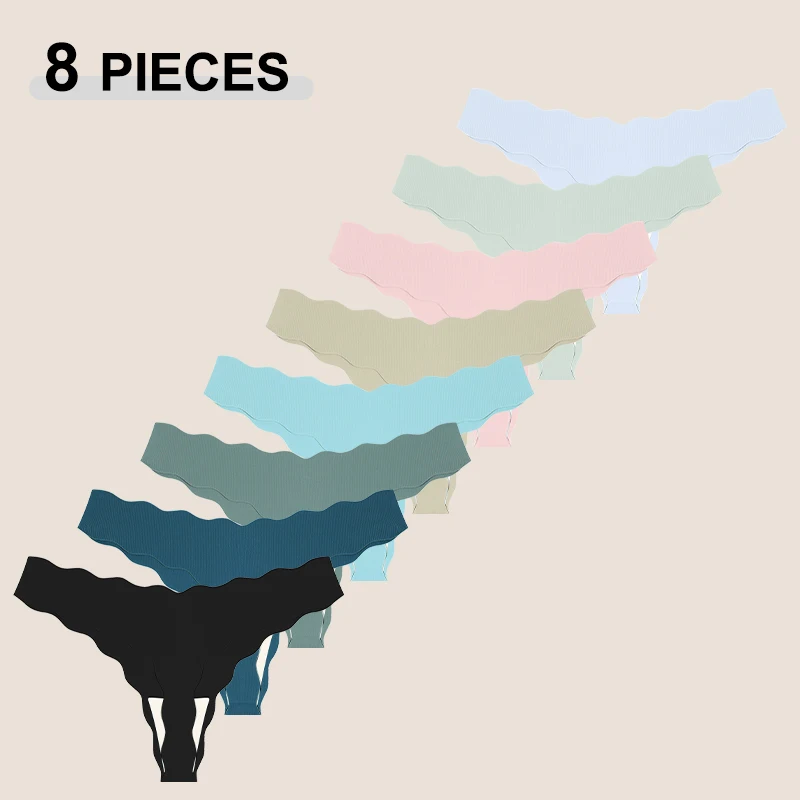 

New 8Pcs/Set Women's Traceless Panties Soft Comfortable Thongs Sexy Solid Color Wavy Edge G-Strings Female Breathable Underpants