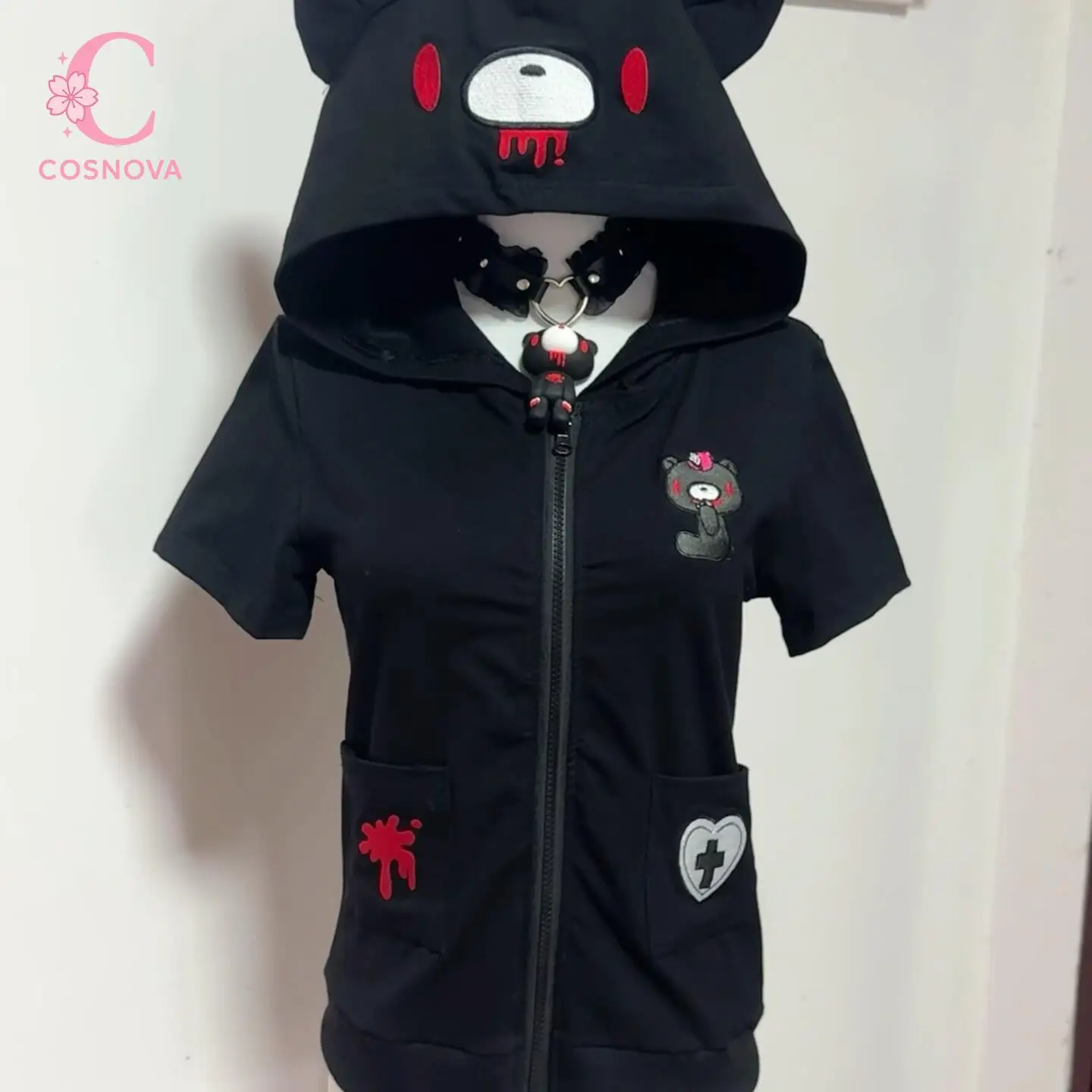 Y2K Harajuku Goth Kawaii Short Sleeve Zip Up Hoodie Women Gloomy Bear Embroidery Bear Ears Pocket Casual Streetwear Sweatshirt