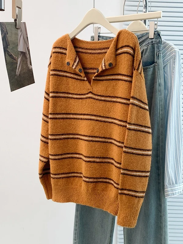 

Stripe Sweater Casual f Open Collar Base irt Korean Brand Long Sve Knitted Outerwear for Women Autumn Winter