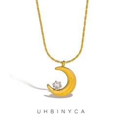 UHBINYCA Personality Geometric Moon Sparkling Zirconia Necklace Trendy Crescent Pendant Jewelry Women Vacation Choker Gifts
