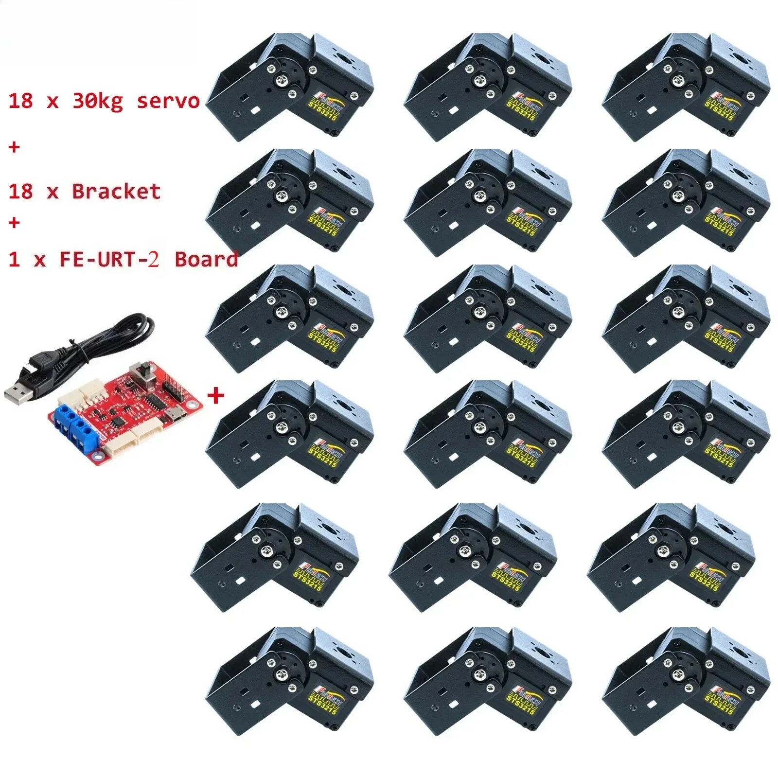 18PCS Feetech STS3215 12V 30KG Servo + 18PCS Bracket High Torque Smart RC Servo TTL Serial Bus Robot Servo + 1PCS FE-URT-2 Board