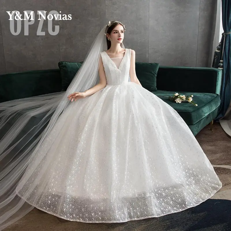 Y & m-vestido de novia con cuentas de perlas, elegante vestido de novia con purpurina hecho a medida, largo, sin mangas, de princesa, para baile