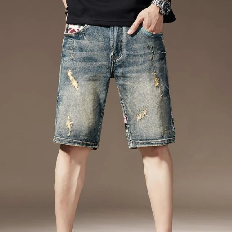 

Ripped Bermuda Embroidery Straight Male Denim Shorts Retro Buttons Luxury Jorts Original Cut Sale Thin Men's Short Jeans Pants