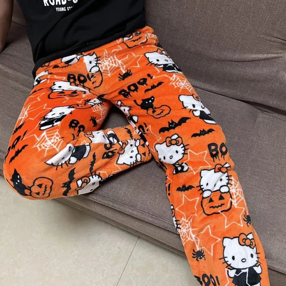 Hello Kitty Hallowmas Pumpkin Flannel Pajamas Autumn Winter Home Pants Warm Woolen Cartoon Casual Home Trousers Hallowmas Gifts