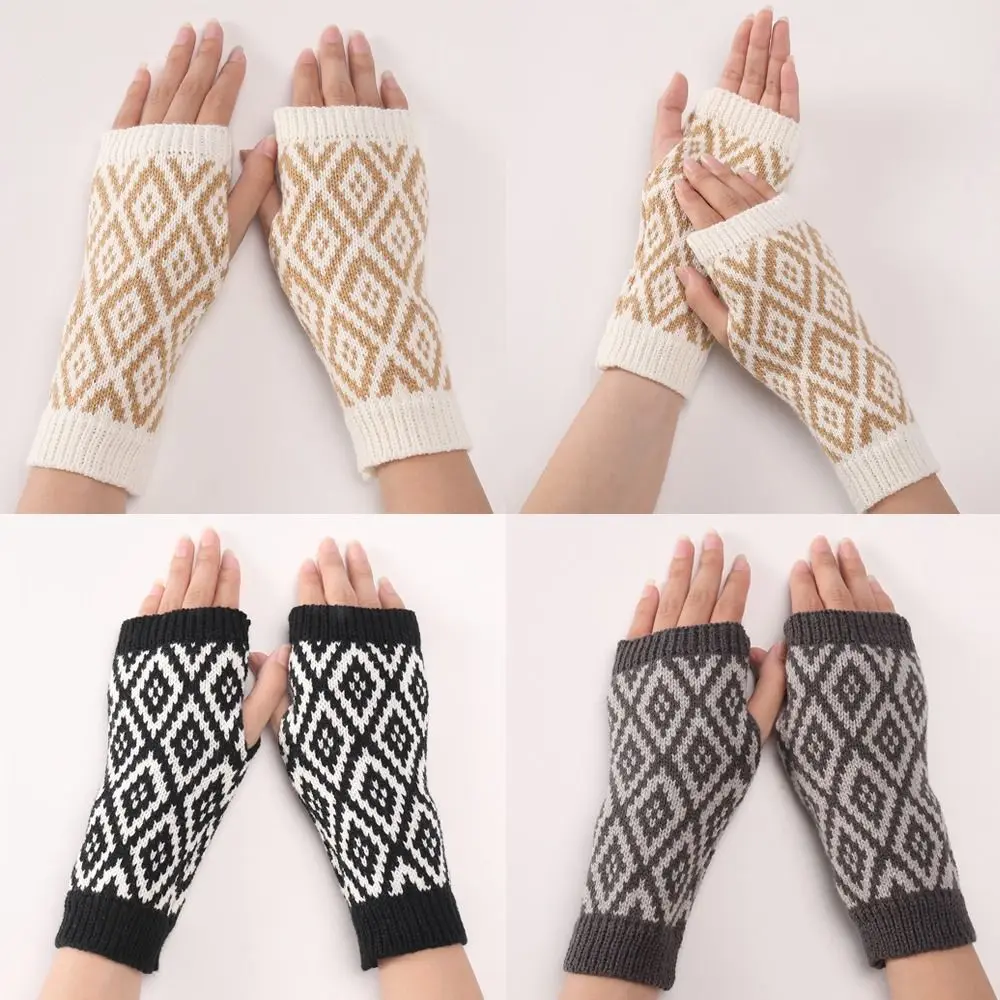 Fingerless Wrist Gloves Fashion Elastic Rhomb Pattern Warm Mittens Knitted Open Finger Sleeve False Sleeve Gloves Cycling