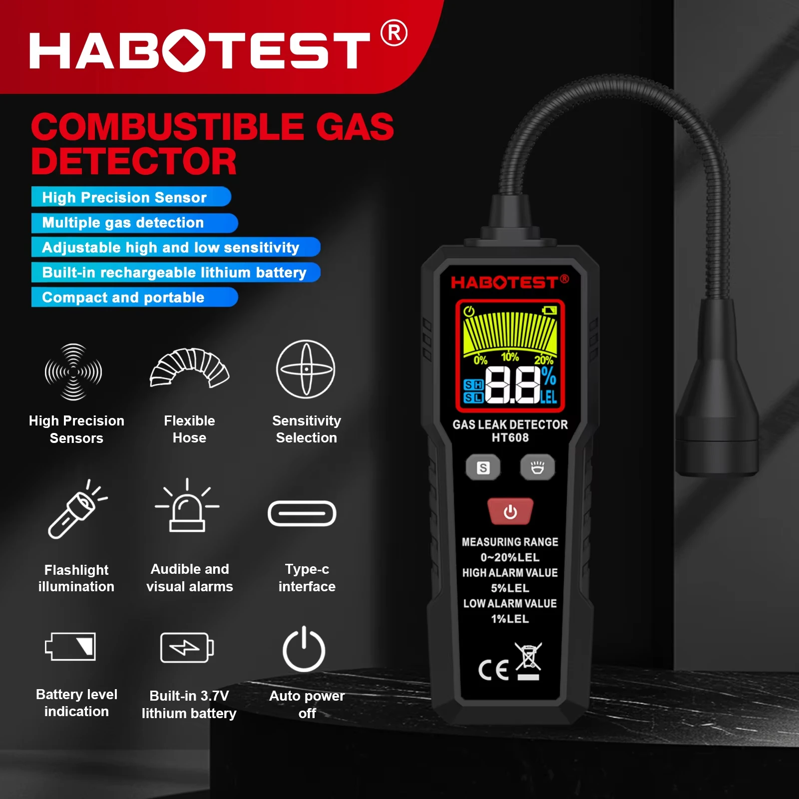 HABOTEST HT608 Natural Gas Leak Detector Sound & Screen Alarm Combustible Methane Gas Leak Detector Location Determine