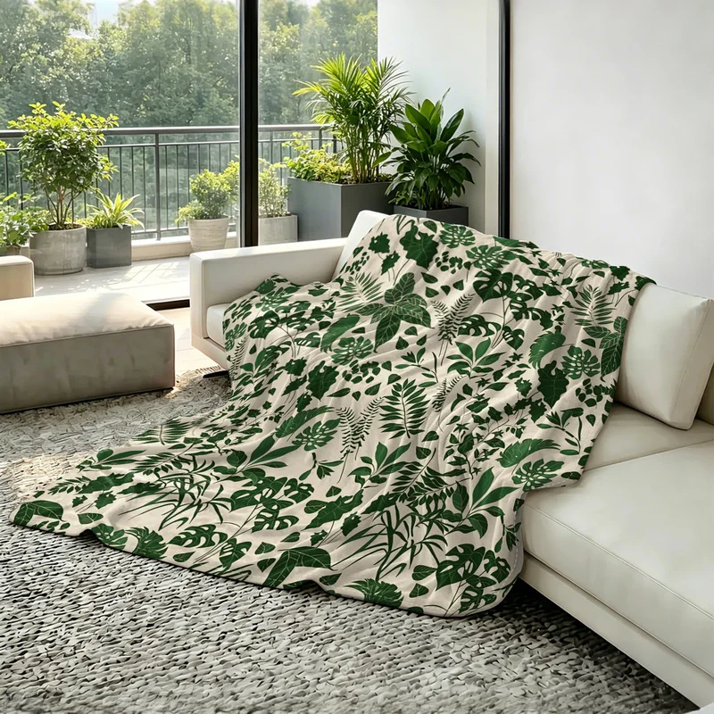 Microfiber Cooling Blanket,Ultra-Soft,Skin-Friendly,Portable,Durable,Green Tropical Leaves Ferns Print,Modern Home Decor