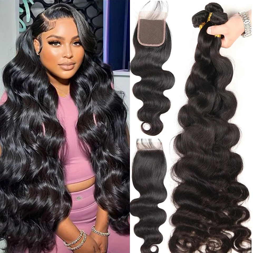 Body Wave Lace Closure With Hair Bundles 100% Human Bundle With 4X4 5X5 Transparent Lace Closure Remy Hair Weave Extensions