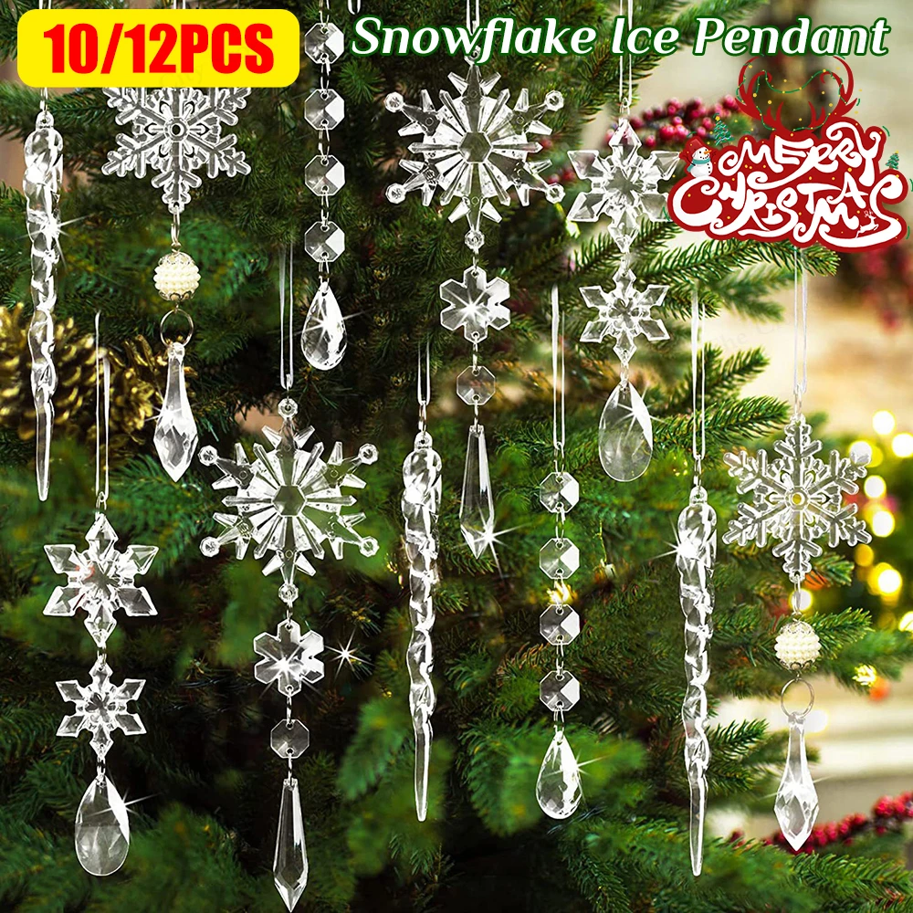 

10/12Pcs Snowflake and Icicle Ornaments Acrylic Snowflake Icicle Drop Crystal Hangings Transparent DIY Decorative Party Supplies