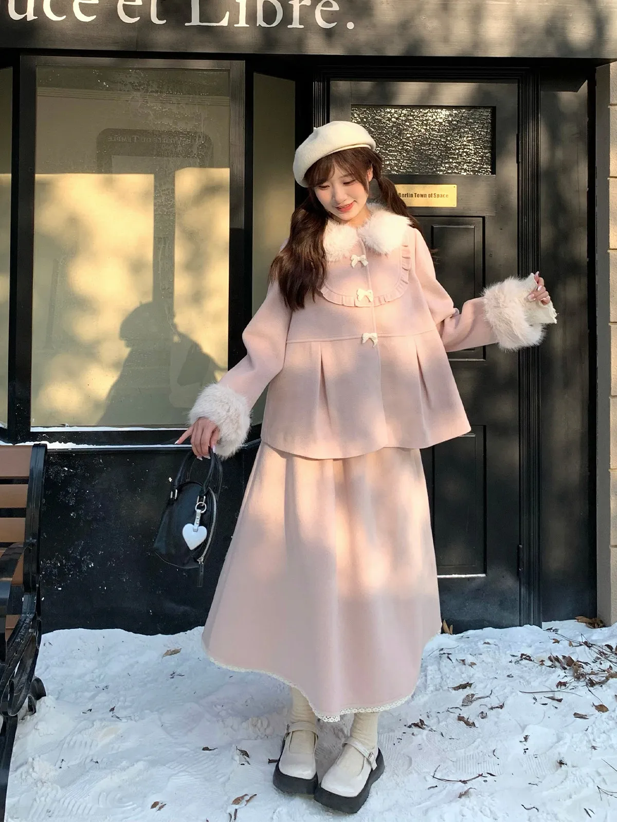 Sweet Cute Girl Plush Bow Woolen Suit Autumn Winter Thickened Warm Japanese Original Lolita Coat Jacket