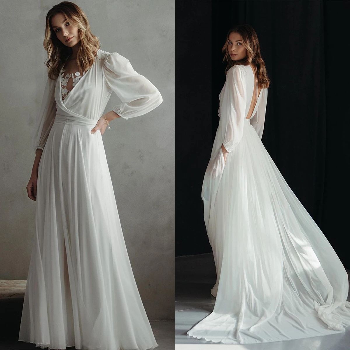 New Arrive Elegant Women Sleepwear With Lace V-Neck Chiffon Nightgown Long-sleeves Floor-Length Pajamas Luxury Gowns Nightwear