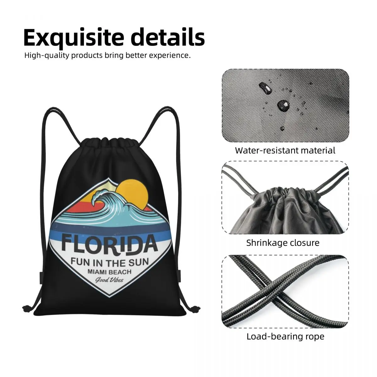 Custom Florida Miami Seaside Beach Sun Drawstring Backpack Bags Men Women Lightweight Gym Sports Sackpack Sacks for Shopping