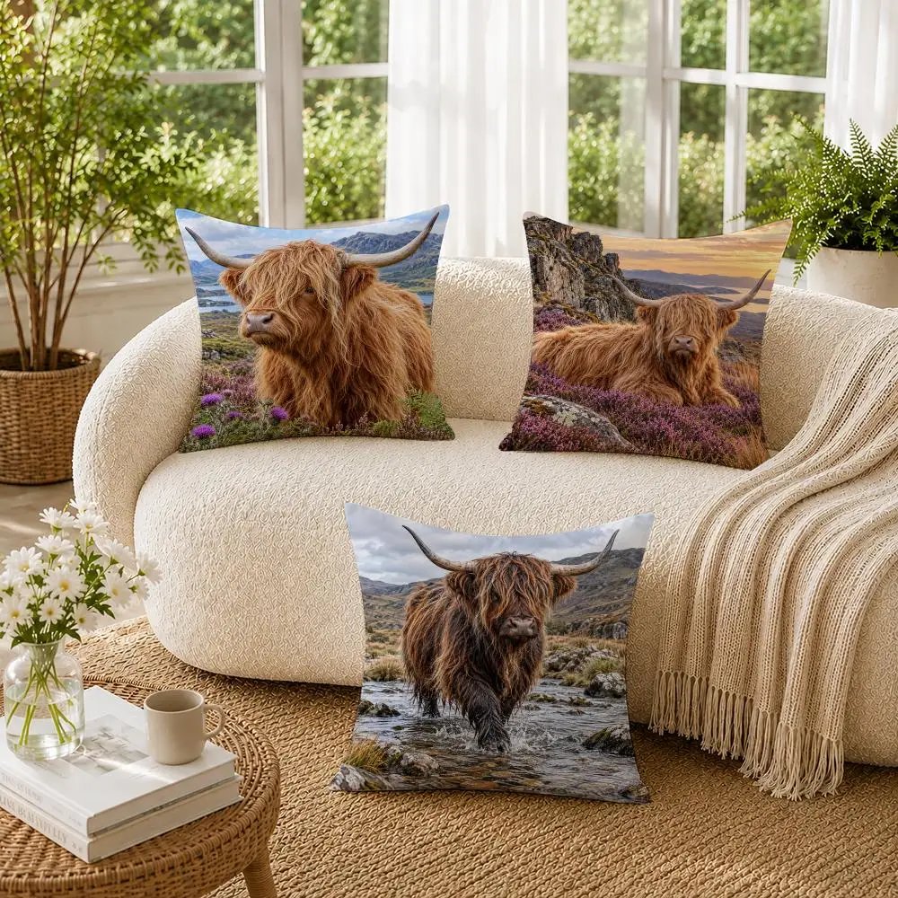 Highland Cow Pattern Cushion Cover Soft Short Plush Pillow Cases Hidden Zipper Cutecore Sofa Bedroom Home Decor Gift