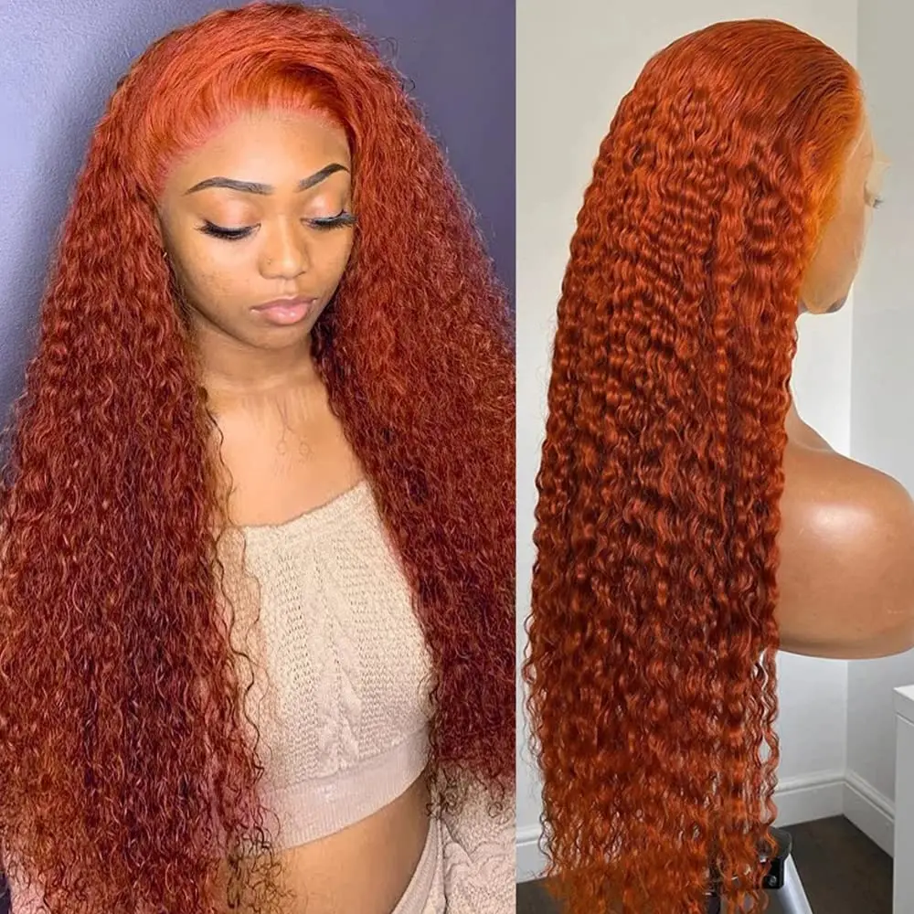 Perruque Lace Front Wig Remy Naturelle Ondulée, Cheveux Humains, Bouclés, Colorés, Orange, 13x6, 13x4, pour Femme