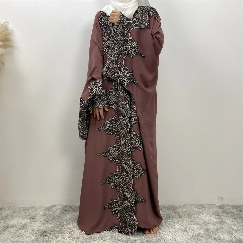 

2024 Elegant Modest Dubai Eid Muslim Evening Party Marocain Open Dress Arabic Embroidery Abaya Islamic Turkish Moroccan Kaftan