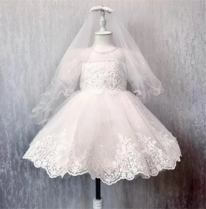 Robe de princesse bouffante en Tulle rose clair pour fille, tenue de concours de beauté, col transparent, en dentelle, avec des appliques de perles, pour anniversaire