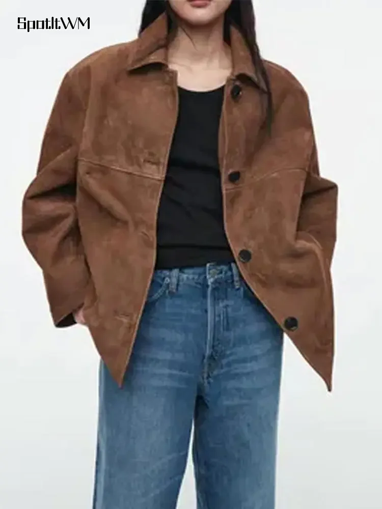 Simple Lapel Loose Spliced Short Coat Women Casual Single Button Pockets Long Sleeve Warm Jacket 2024 Autumn New Lady Outerwear