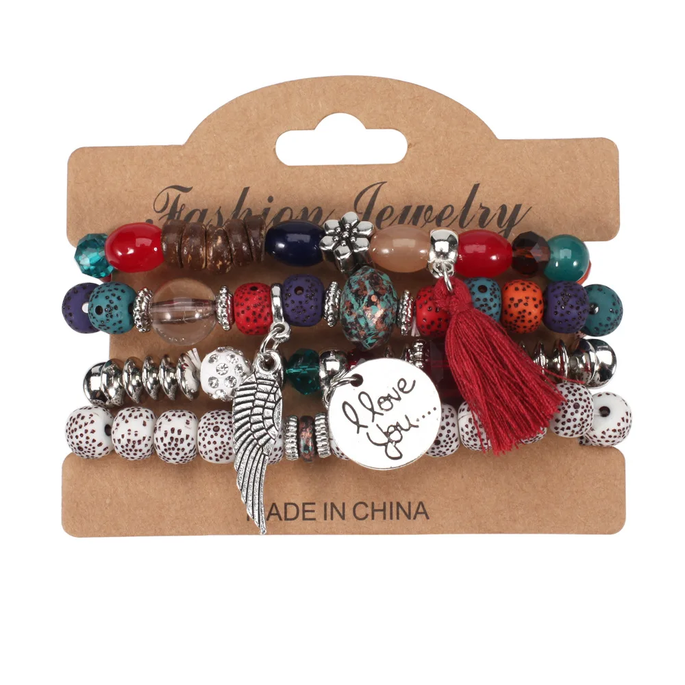 Boho Ethnic Wing Tassel Multilayer Beaded Bracelets Set Vintage I Love You Charm Stackable Stretch Bracelets Jewelry Gift