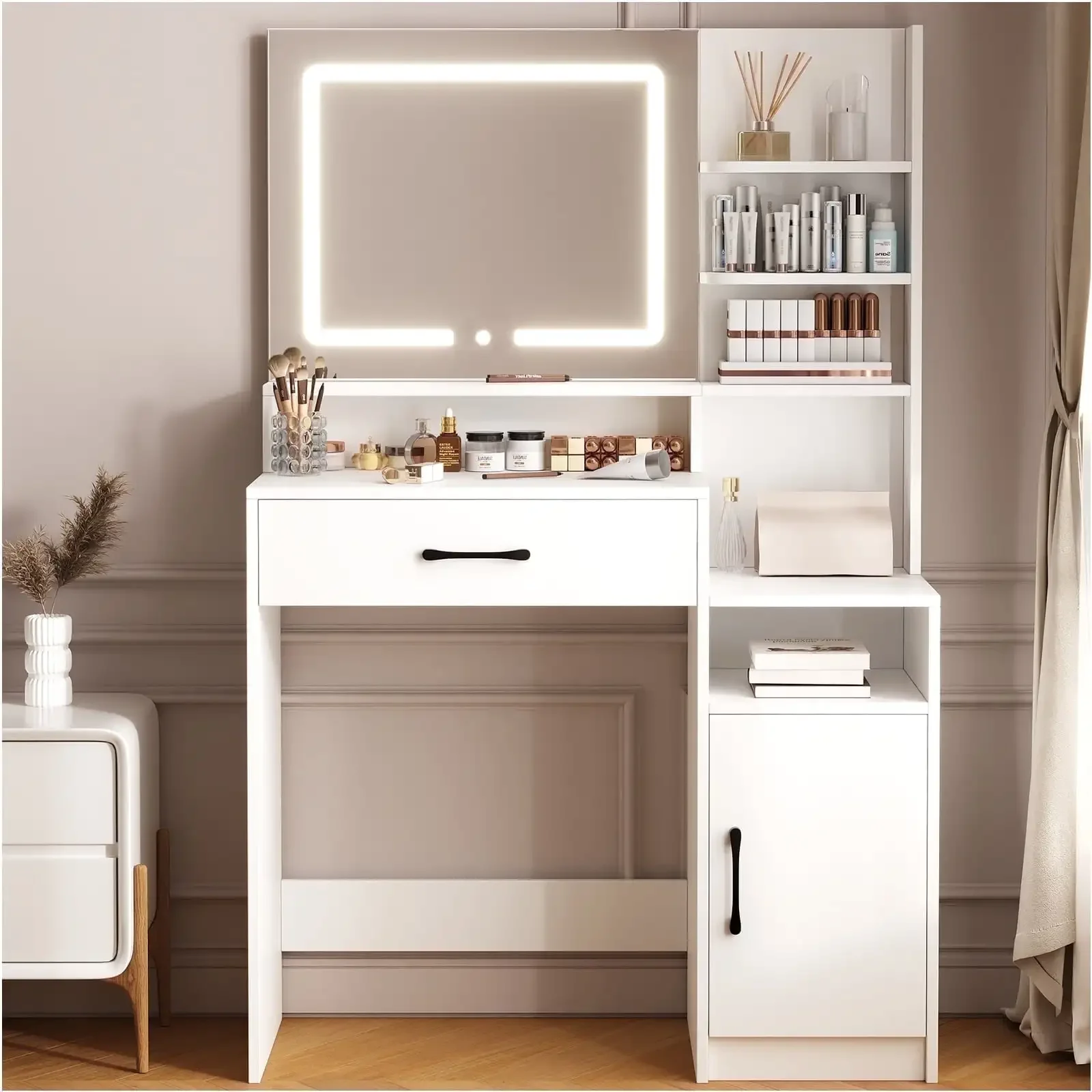 

Vanity with Lights and Mirror,White Vanity Desk with Drawers, Shelves and Large Storage Cabinet, Mirror 3 Lighting Color