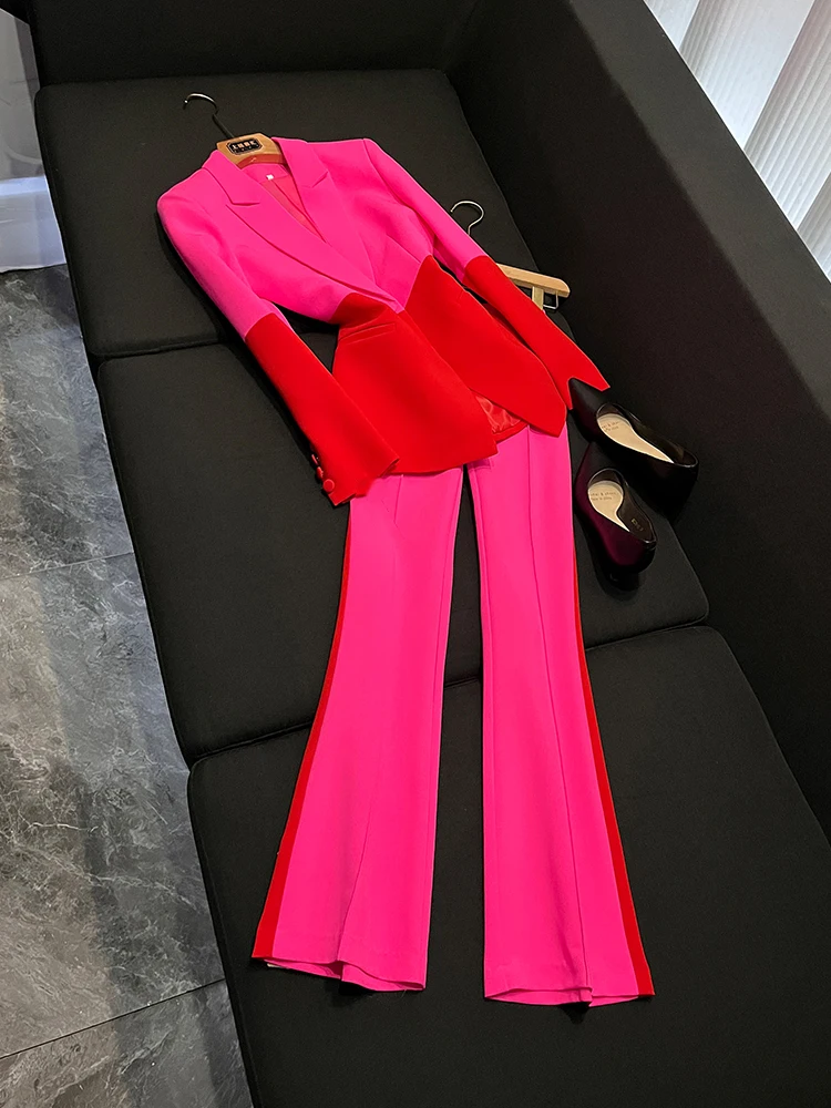 

Sweet Cool Personality Fashion Design One Button Color Block Suit Pantsuit Women Two Piece Set A6372 Commute Style Universal Fit