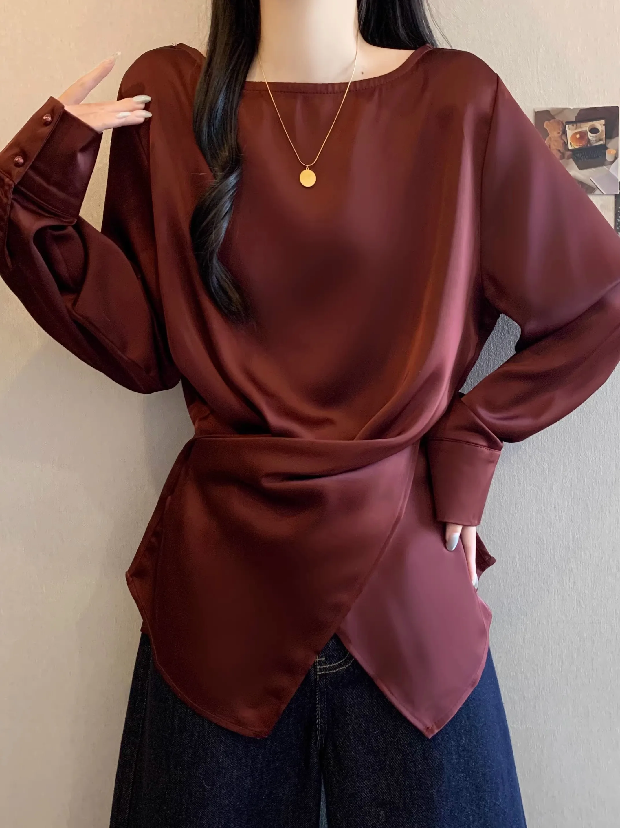 

Ele Wine Red Long Sve Ацетатный атлас Женский утюг длиной до плеч с застежкой на талии Модный весенний модный размер плюс