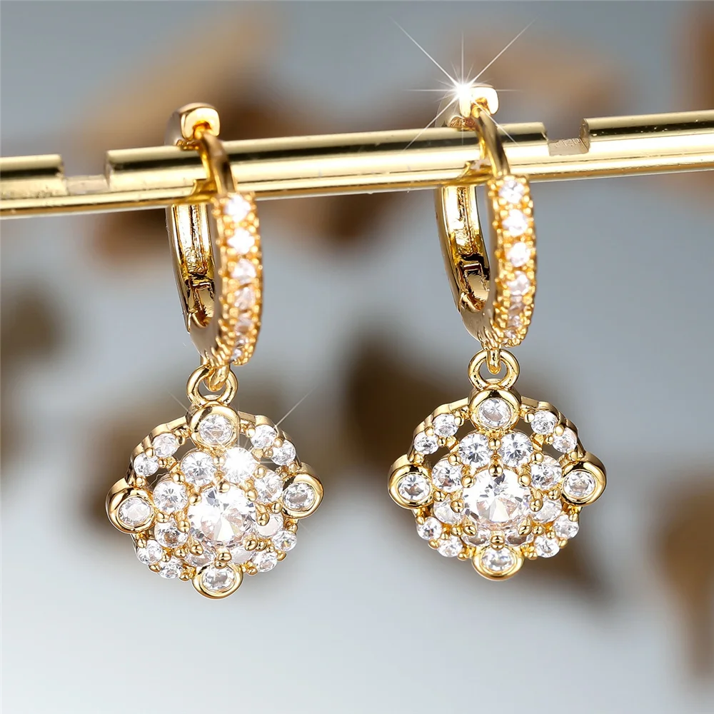 Luxury Crystal Zircon Square Pendant Hoop Earrings For Women Vintage Gold Color Ear Buckle Wedding Party Jewelry Versatile Gifts