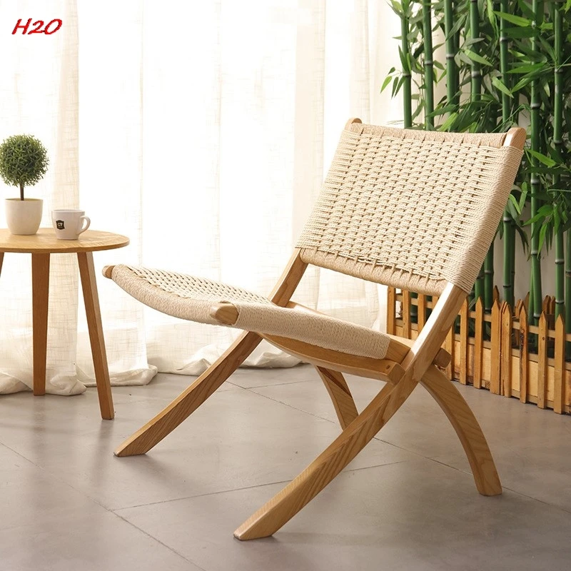 Scandinavian Ash Wood Beach Chair Solid Wood Rope Chair Saddle Leather Net Red Folding Chair Balcony Outdoor Leisure Rope Chair