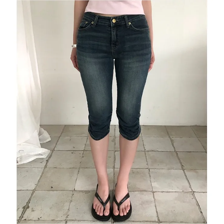 Chic Comfortable Fashionable Low Waist Cuffed Washed Folded Hem Elastic Vintage Denim Jeans Casual Style Standard Fit Cotton ...