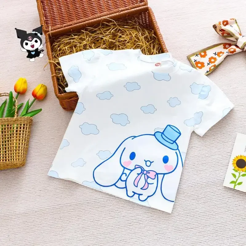 كورومي بنات أنيمي تي شيرت سانريو صيف جديد سينامورول ميلودي الكرتون قصيرة الأكمام الأطفال Kawaii الراحة لينة ملابس علوية من القطن