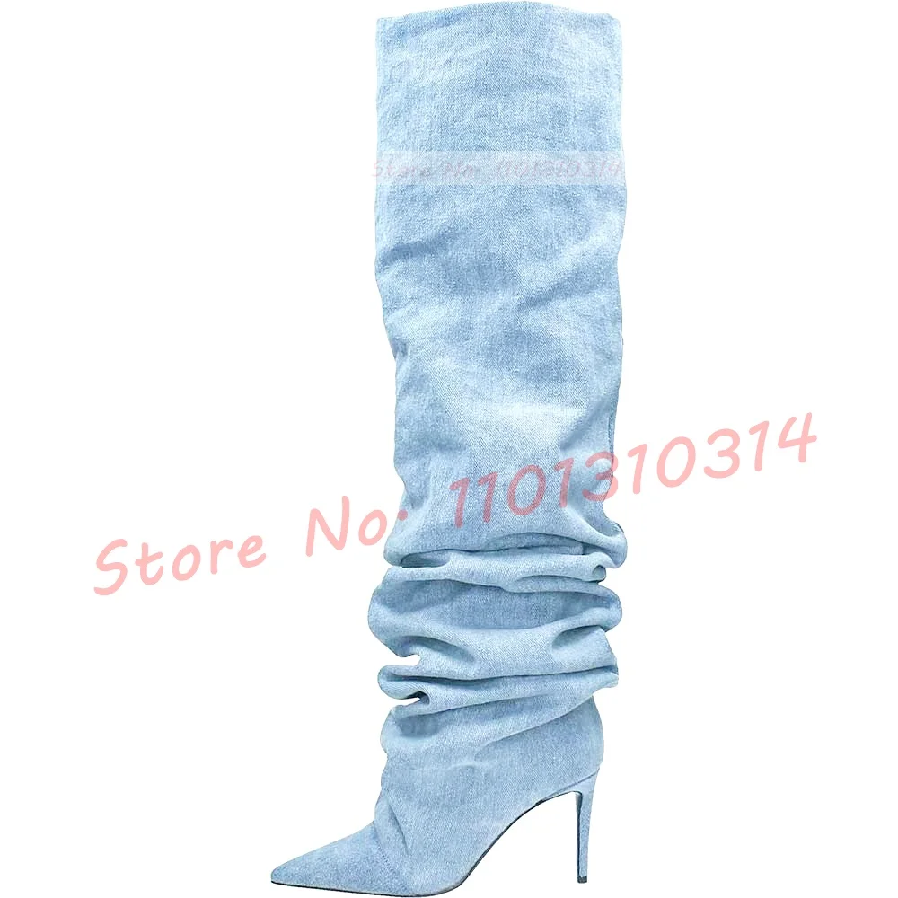 Pointy Denim Thigh High Boots Women 2023 Blue Patchwork Streetwear High Heels Pleated Shoes Spring Trends Outfit Ladies Boots